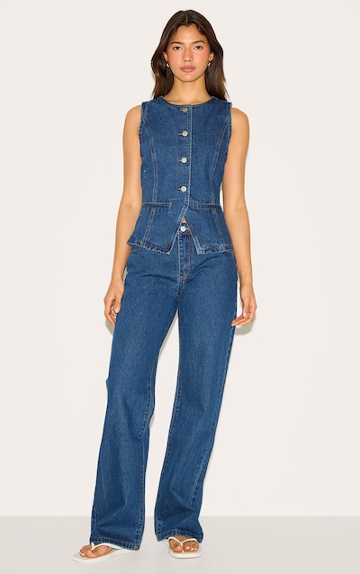 Dark Blue Mid Waist Straight Leg Jeans