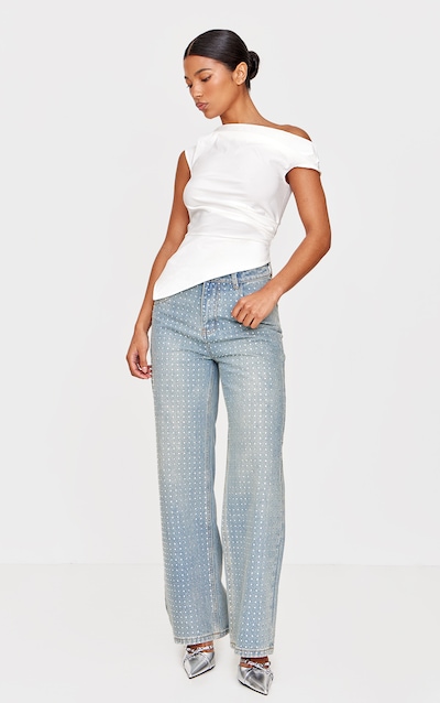 Jean droit vintage clair délavé à strass devant