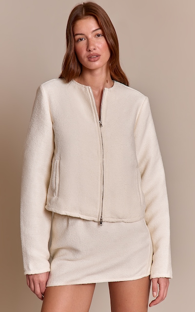 Cream Boucle Zip Up Bomber Jacket
