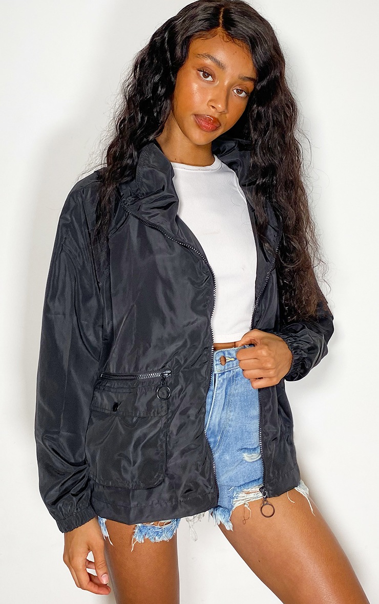 Black Nylon Pocket Front Zip Detail Tracksuit Jacket