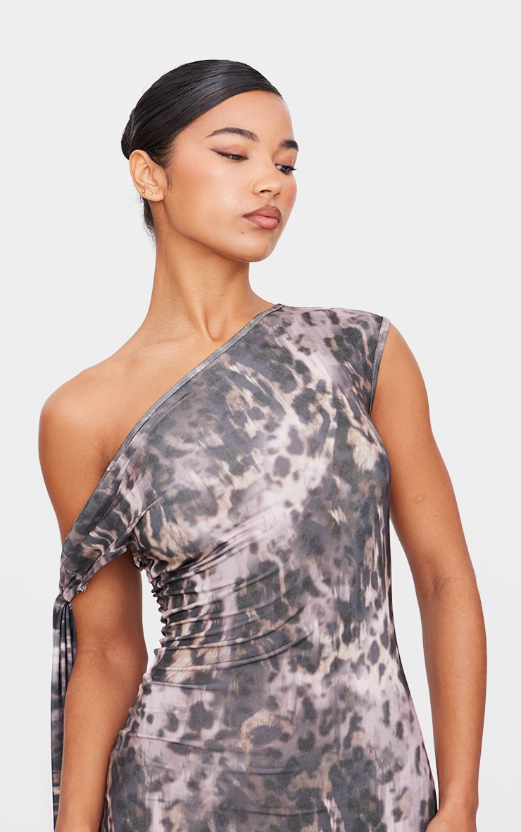 Leopard Slinky Asymmetric Tie Shoulder Mini Dress image 4