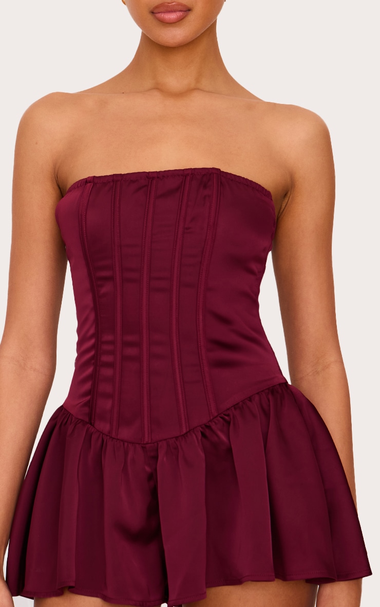 Burgundy Satin Corset Detail Bandeau Romper image 4