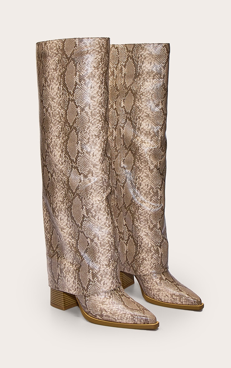 Natural Snake PU Fold Over Block Heel Boot image 3