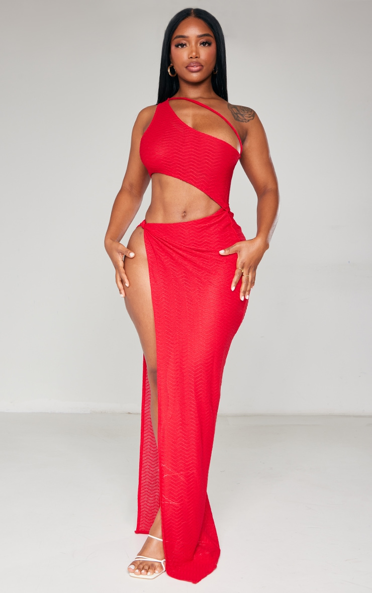 Shape Red Sheer Textured One Shoulder Split Midaxi Dress