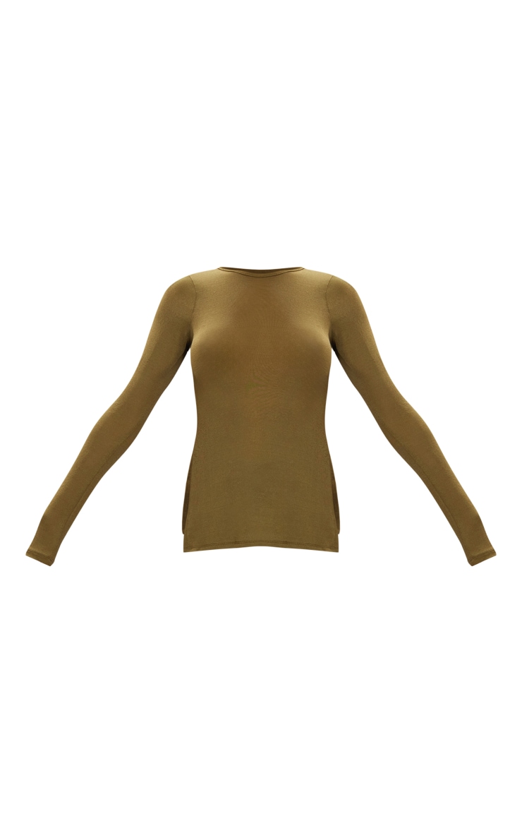 Khaki Burnout Mesh Long Sleeve Split Hem Long Top image 5