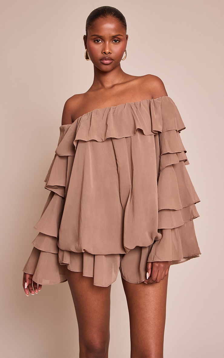 Mushroom Chiffon Frill Detail Long Sleeve Romper image 1