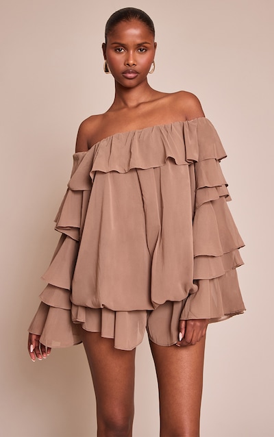 Mushroom Chiffon Frill Detail Long Sleeve Playsuit