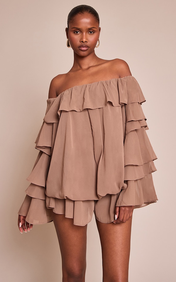 Mushroom Chiffon Frill Detail Long Sleeve Romper