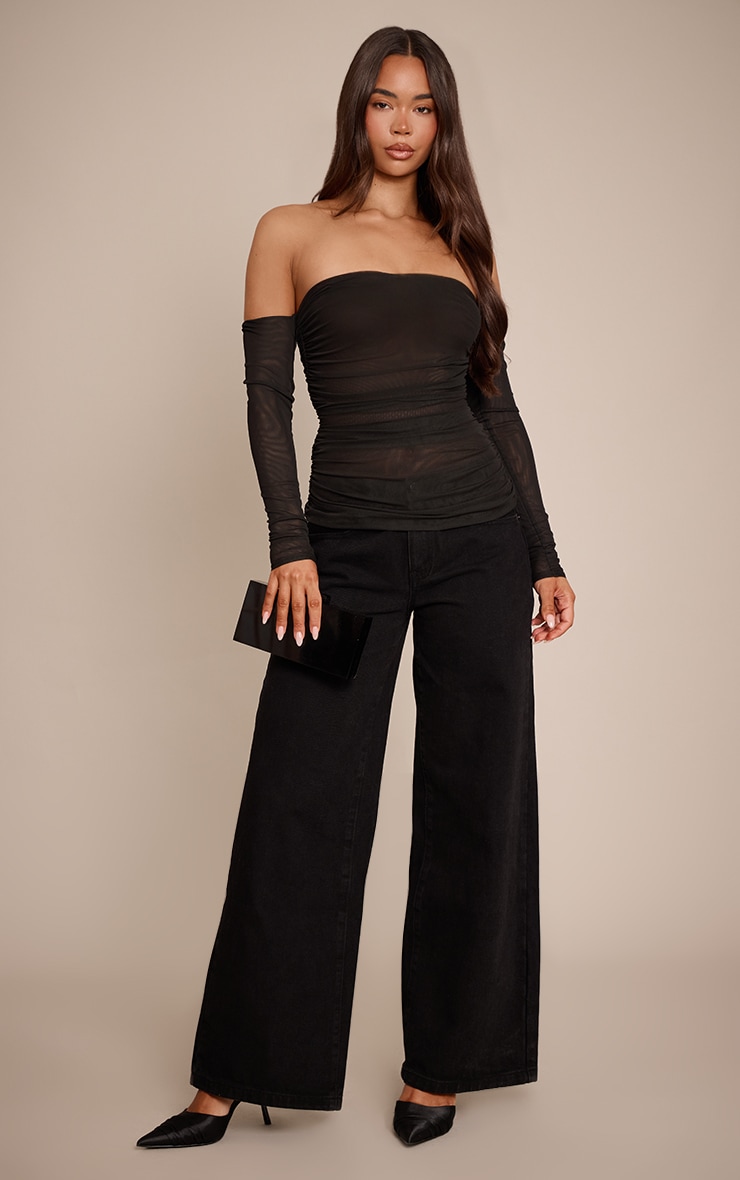 Black Double Layer Mesh Ruched Detail Long Sleeve Bardot image 3