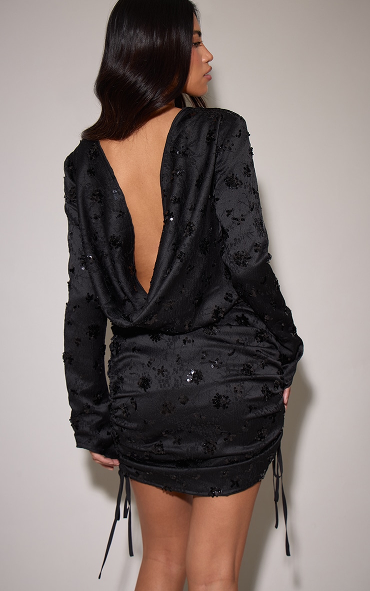 Black Velvet Sequin Ruched Cowl Back Bodycon Dress image 1