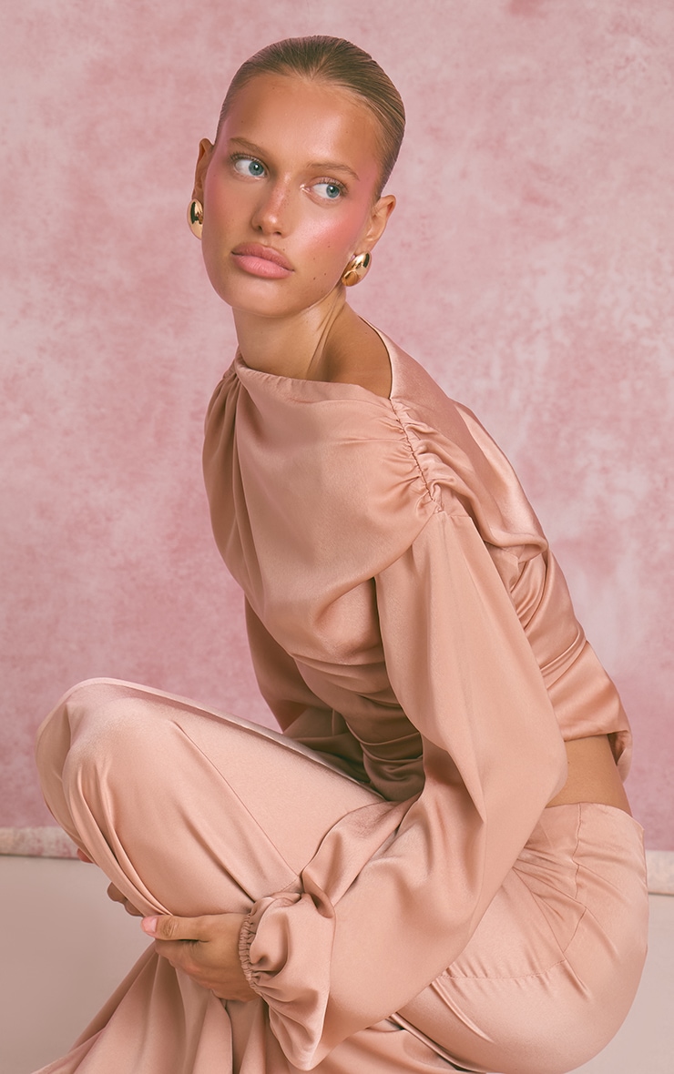 Peach Satin Cut Out Long Sleeve Blouse image 4