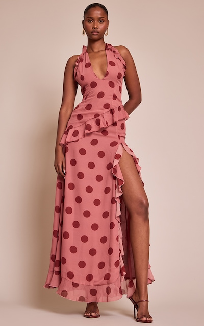 Jupe longue en mousseline de soie rose clair froncée à pois et taille tombante