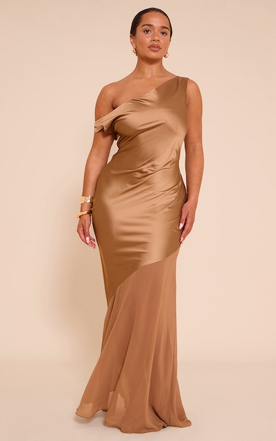 Shape Mocha Satin Off Shoulder Contrast Sheer Hem Maxi Dress