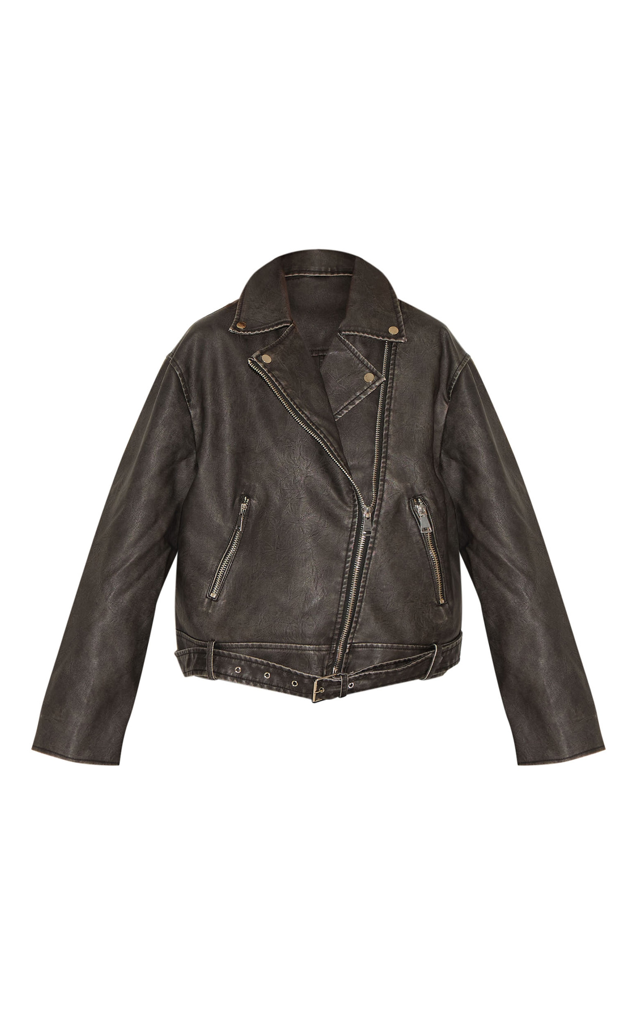 Black Vintage Faux Leather Oversized Zip Up Biker Jacket image 5