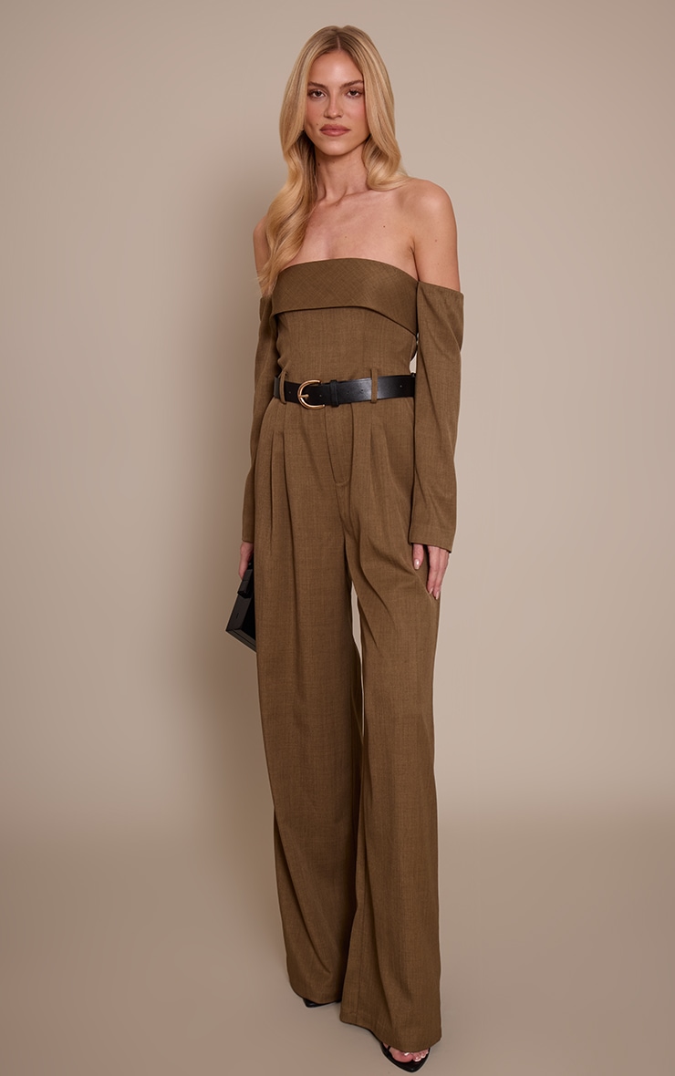 Khaki Woven Bardot Long Sleeve Belt Detail Jumpsuit image 3