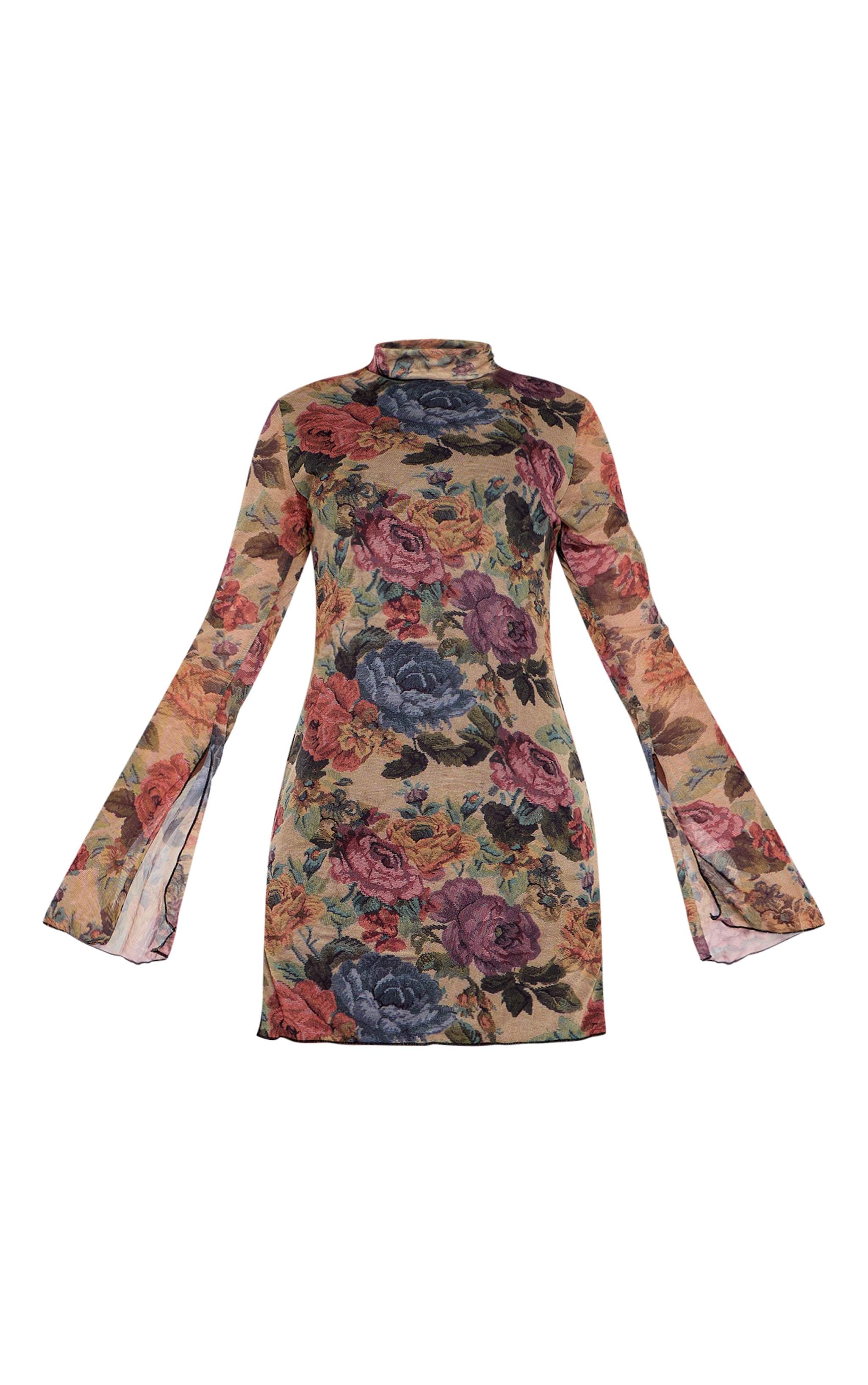 Brown Floral Print High Neck Flared Sleeve Shift Dress image 5