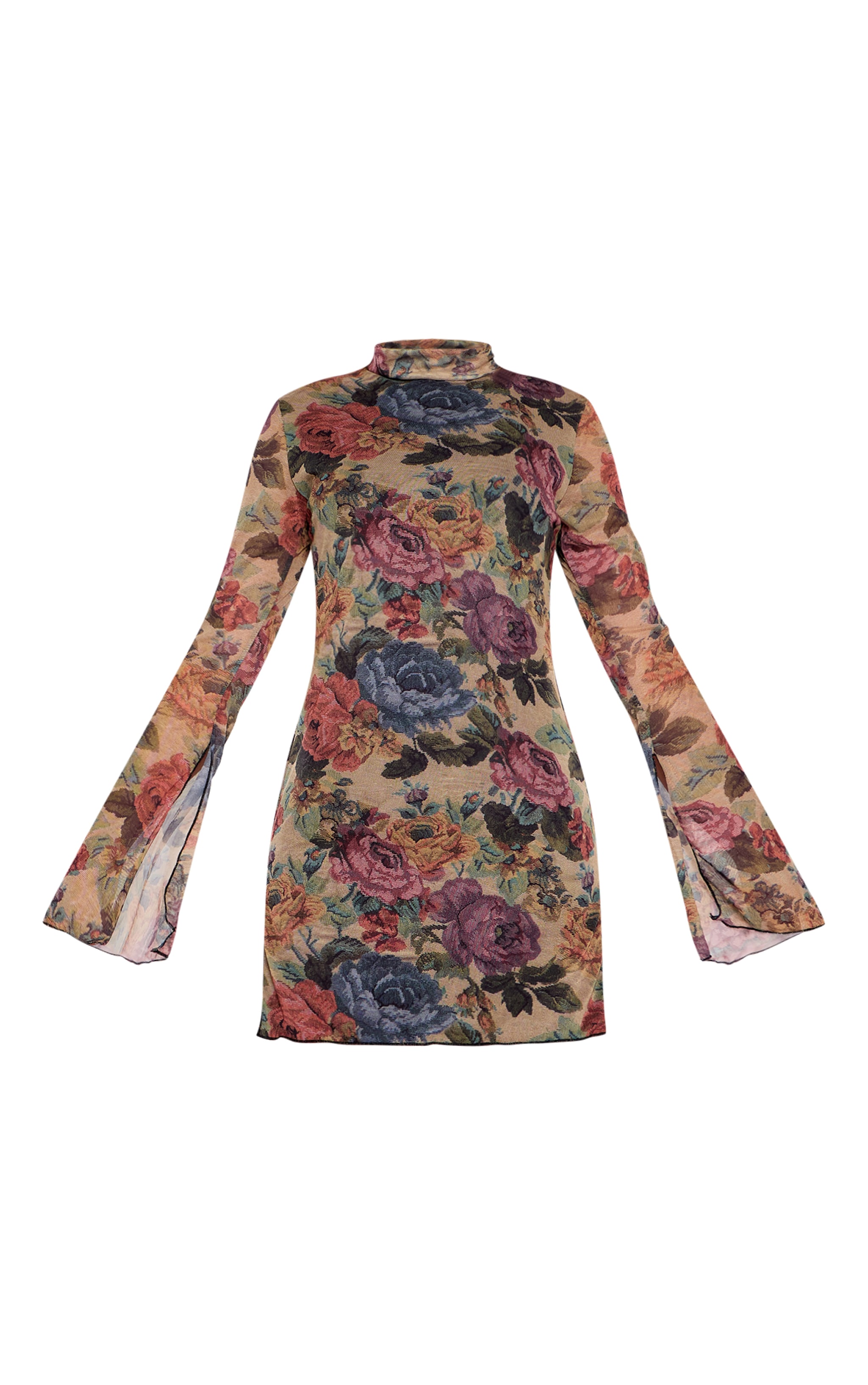  Brown Floral Print High Neck Flared Sleeve Shift Dress image 5