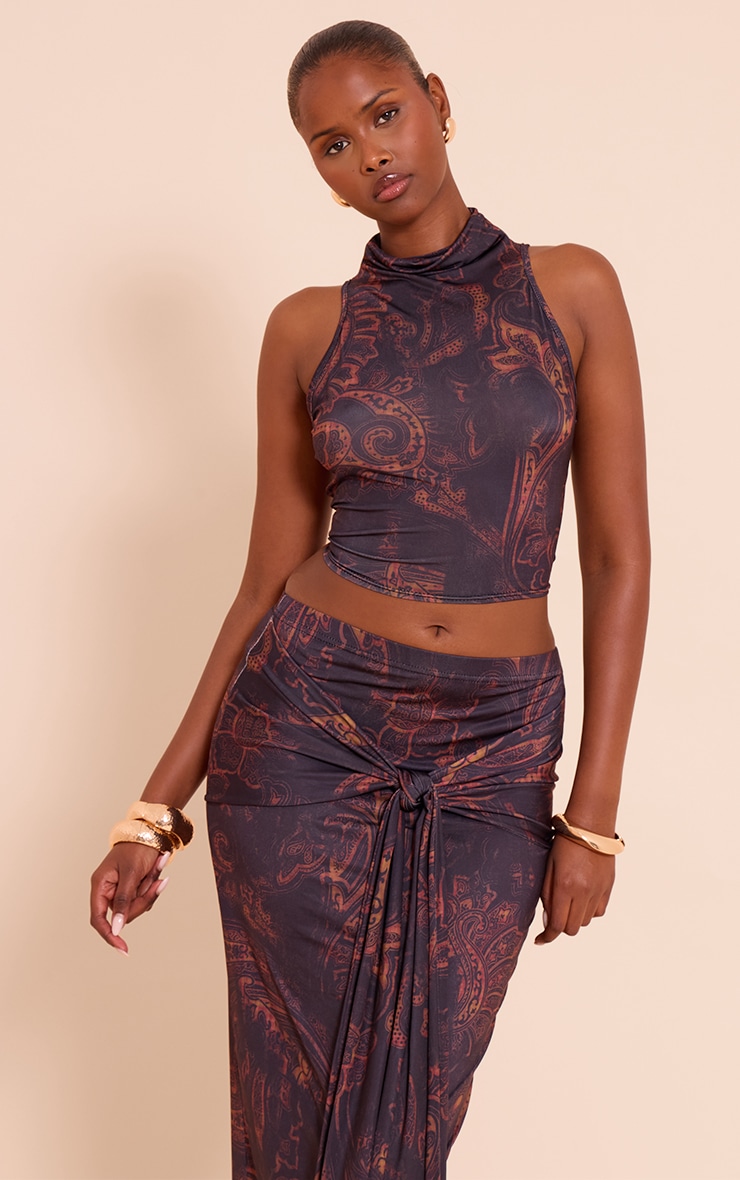 Dark Brown Paisley Print Slinky Funnel Neck Crop Top image 1