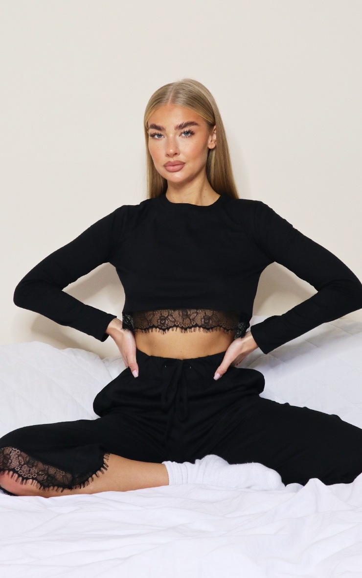 Black Lace Trim Long Sleeve Top And Cullotte Trouser Lounge Set
