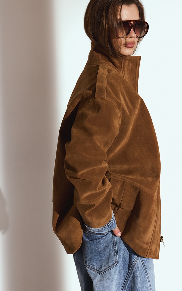 Tan Funnel Neck Concealed Placket Longline Suede Jacket  image 2