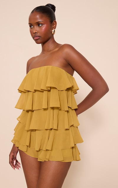 Combishort bustier en mousseline de soie vert olive à volants