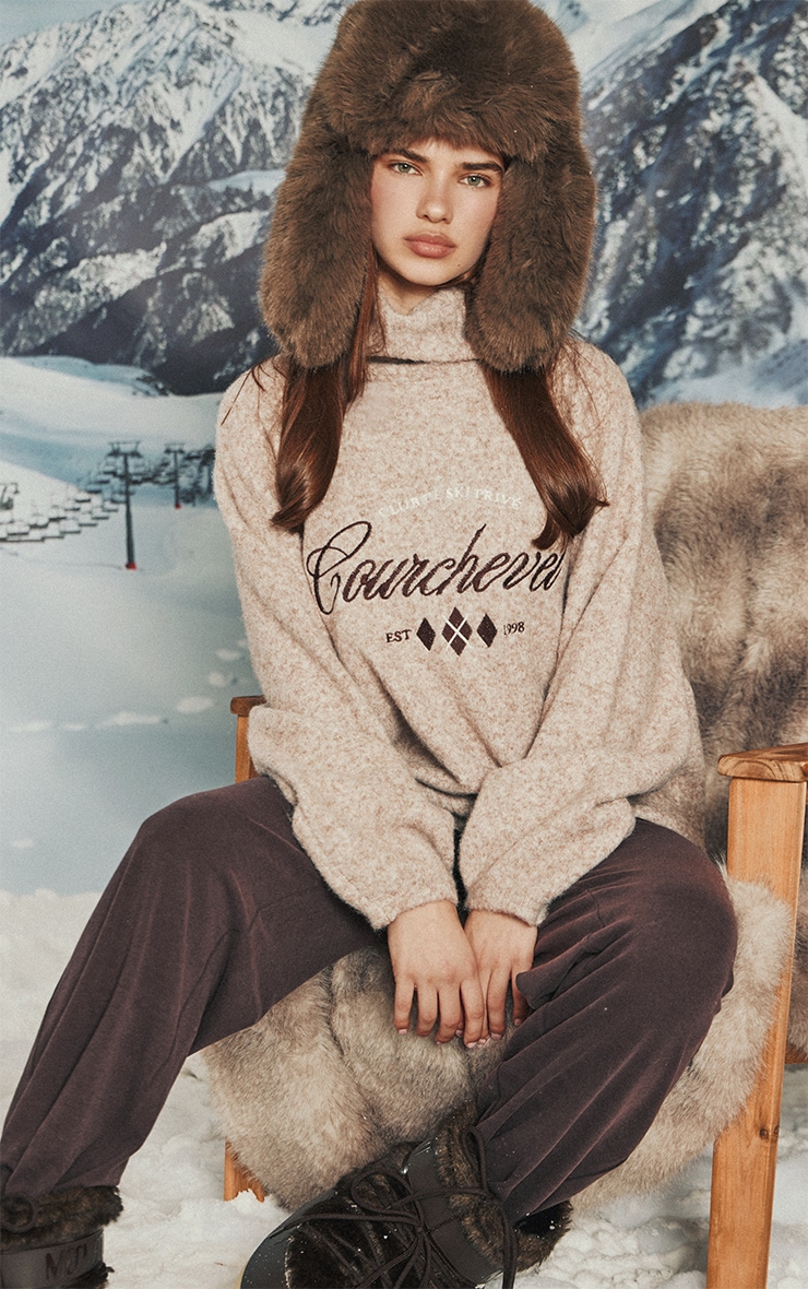 Beige Marl Graphic Oversized Roll Neck Sweater image 3