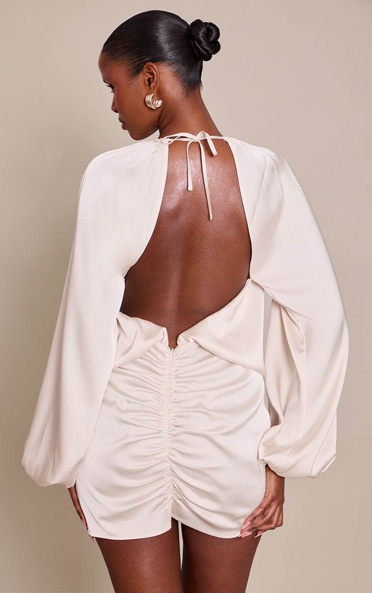 Cream Satin Wrap Ruched Long Sleeve Mini Dress image 2