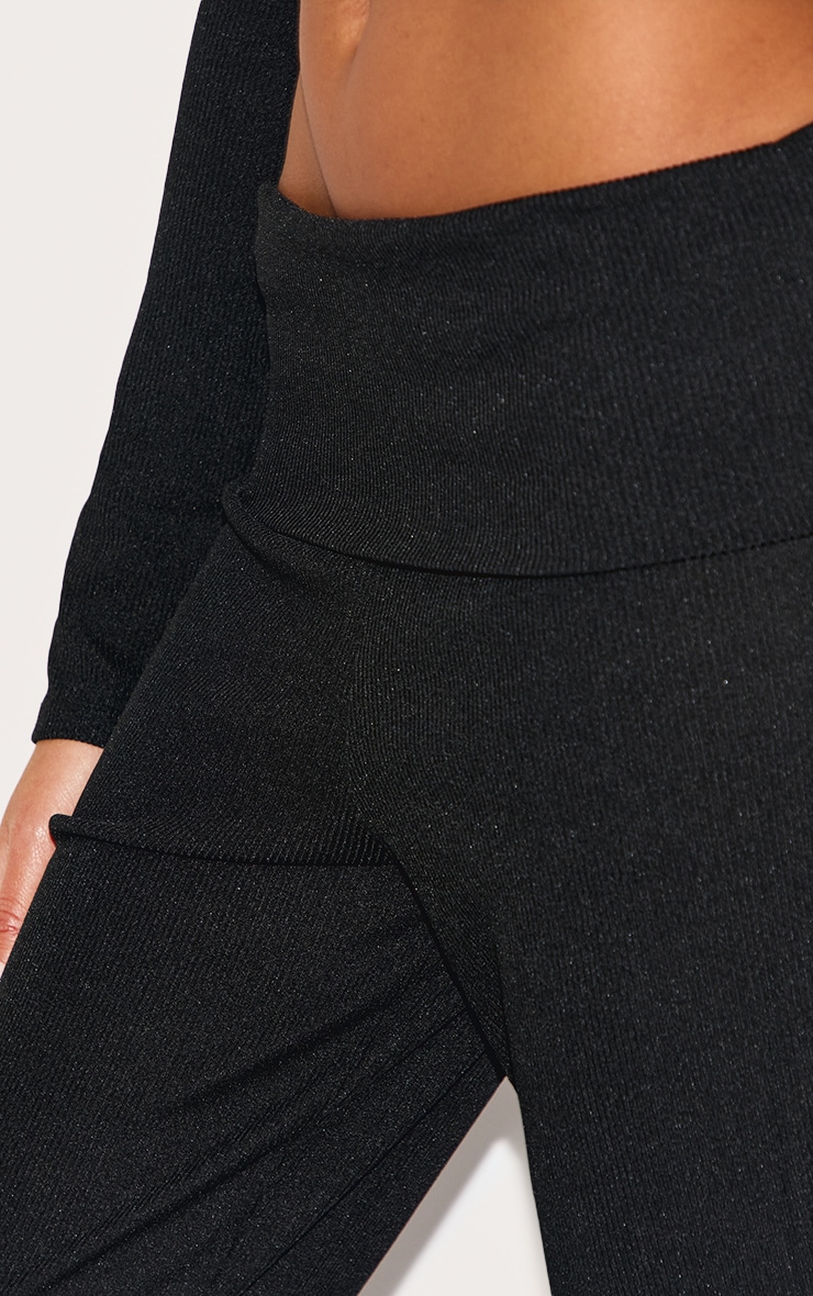 Black Rib Low Rise Foldover Flared Pants image 4