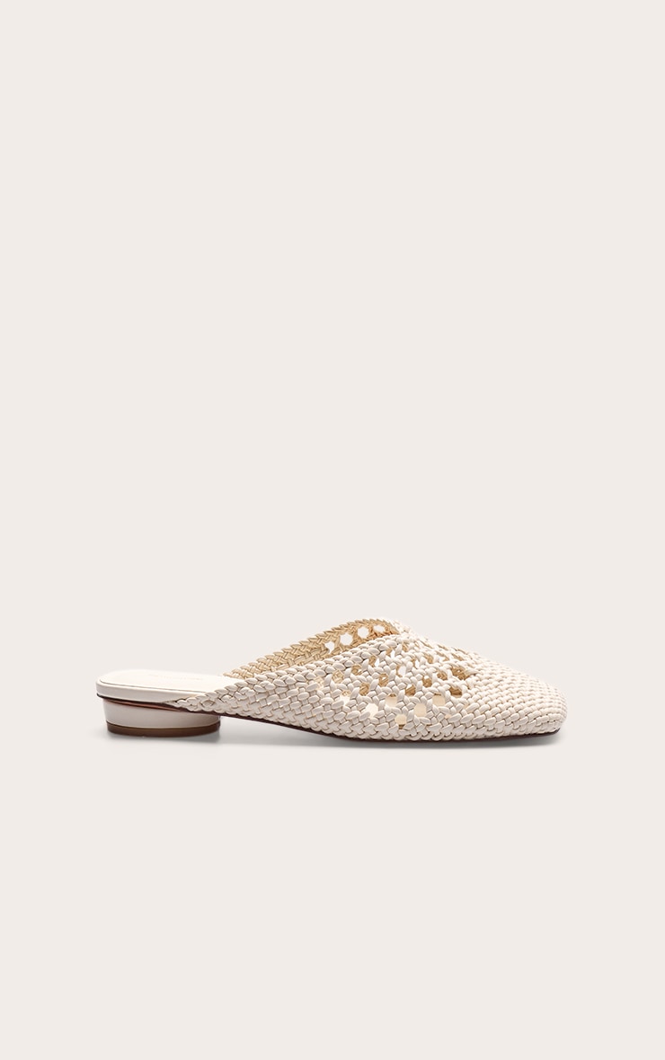 Cream Pu Square Toe Woven Flats image 2