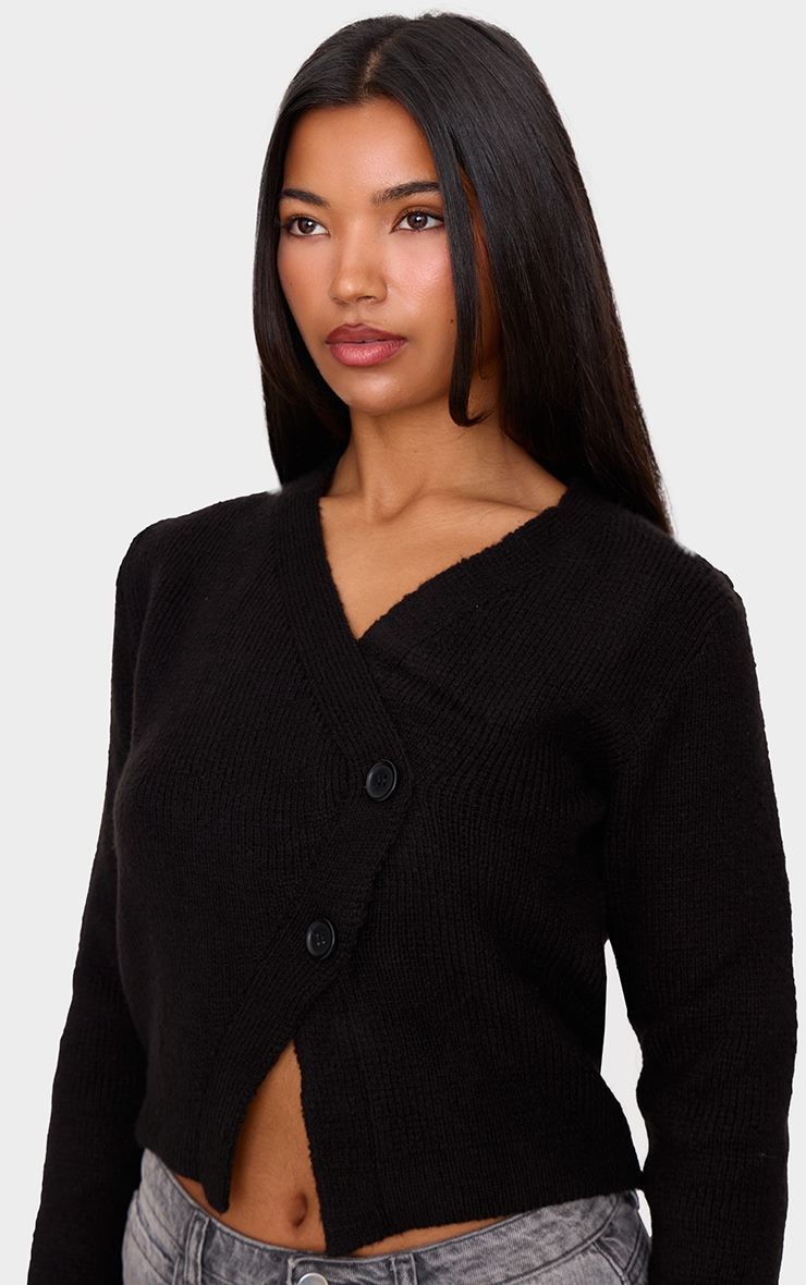 Black Knit Asymmetric Button Up Cardigan image 4