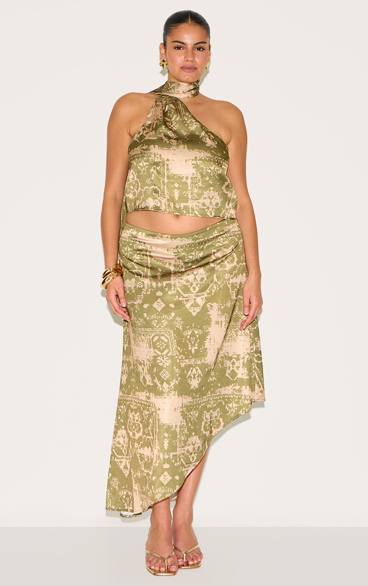 Plus Khaki Printed Satin Asymmetric Midi Skirt image 4
