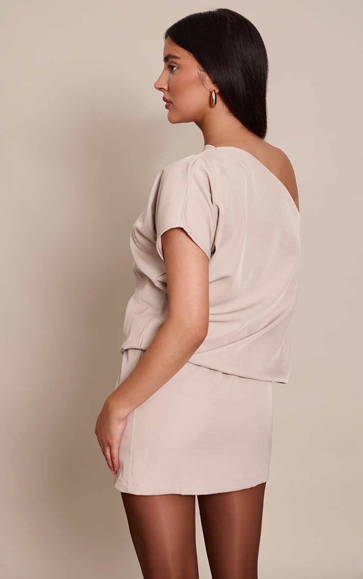 Grey Woven Off The Shoulder Fold Over Mini Dress image 2