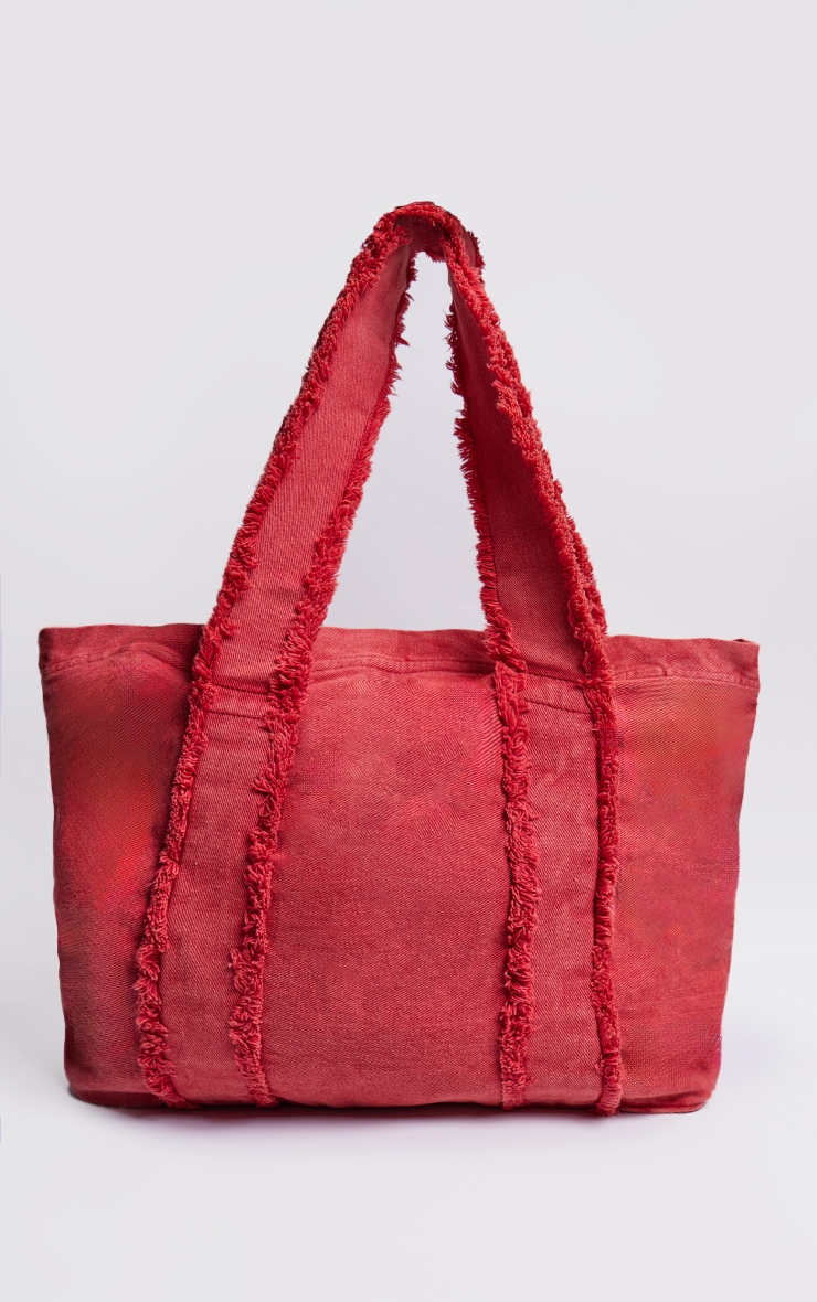 Cherry Red Denim Frayed Zip Tote Bag image 2