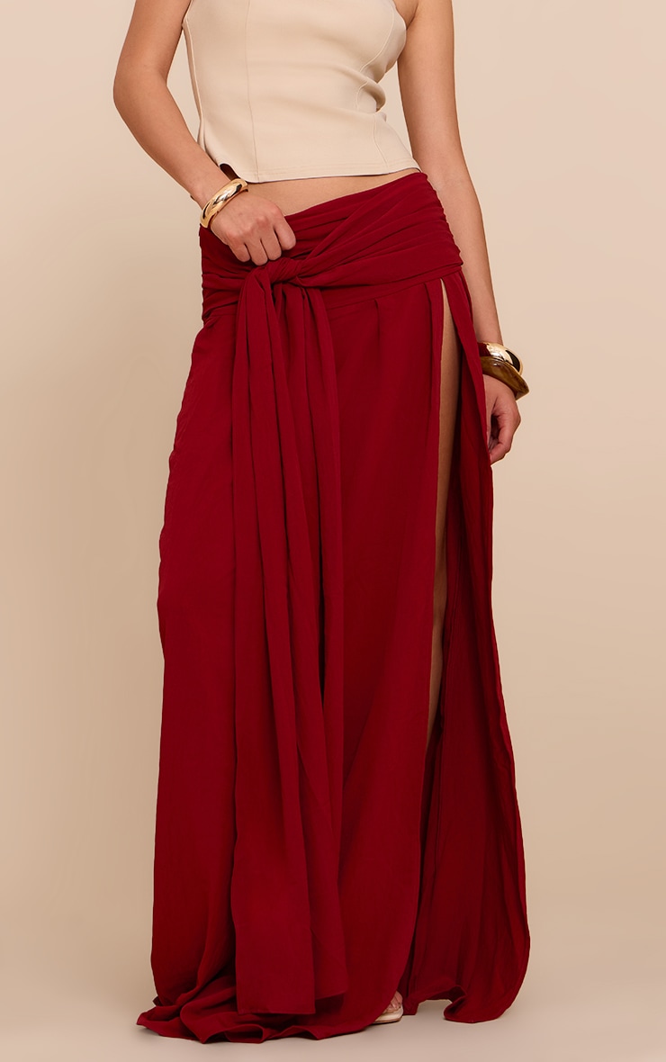 Deep Red Floaty Woven Knot Front Maxi Skirt image 2
