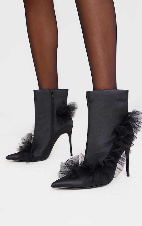 Black Satin Point Toe Tulle Ruffle High Stiletto Heel Sock Boots