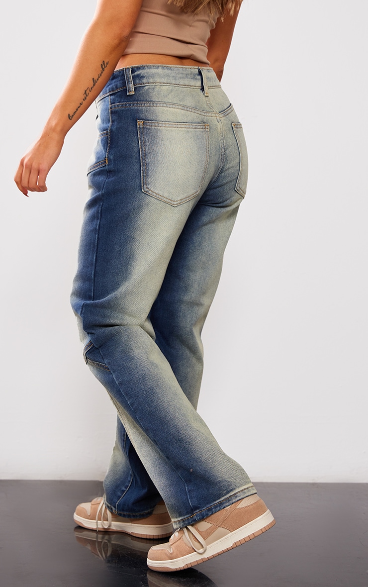 Petite Dark Indigo Washed Ombre Panelled Denim Straight Leg Jeans image 3