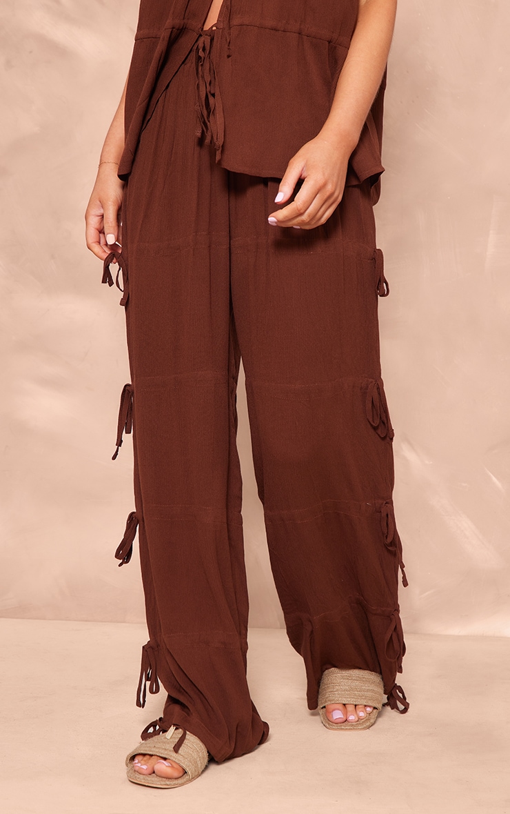 Chocolate Brown Tie Detail Wide Leg Pants image 2