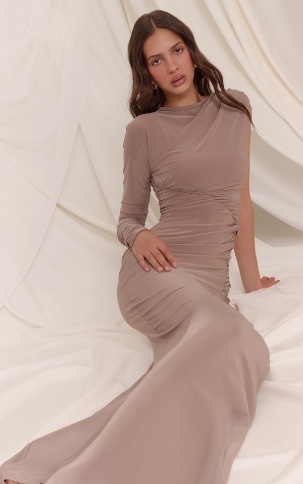 Stone Slinky Ruched Seam Asymmetric Maxi Dress