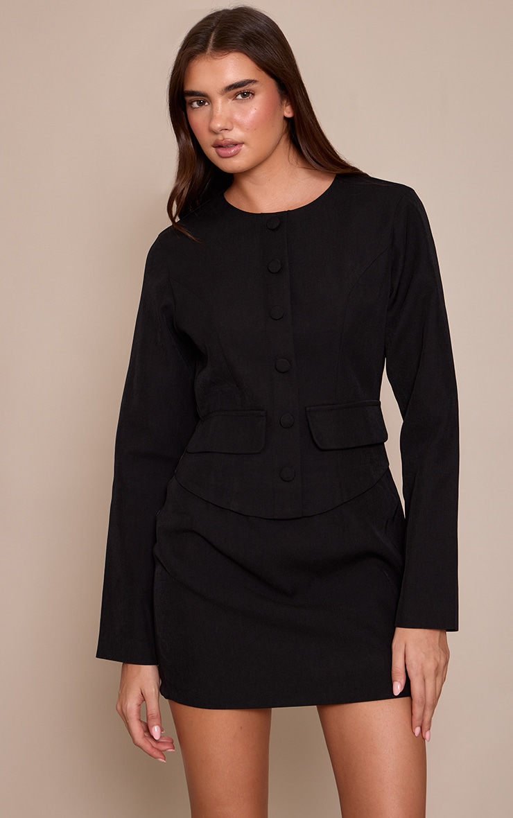 Black Woven Tailored Button Detail Mini Dress image 1