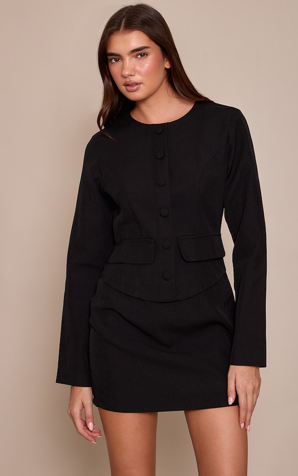 Black Woven Tailored Button Detail Mini Dress