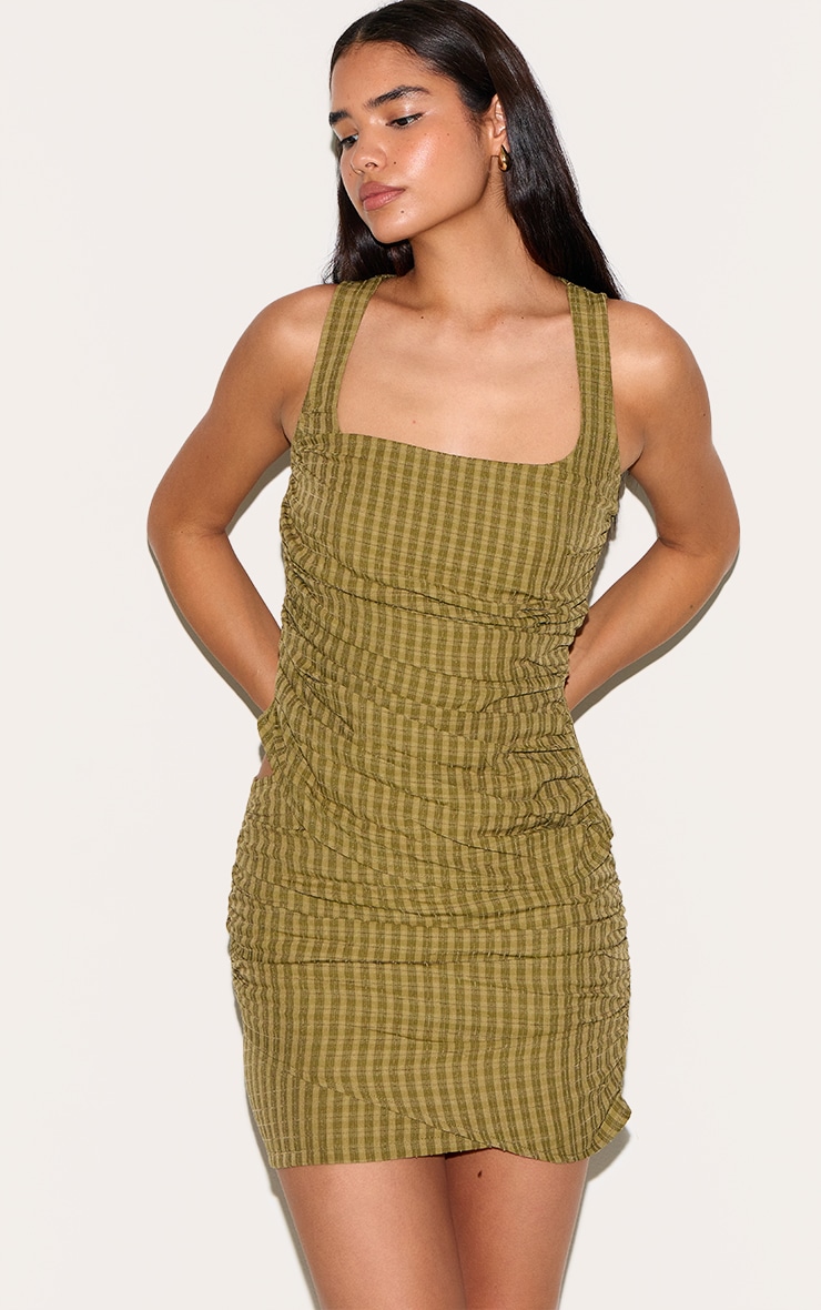 Tall Moss Green Check Ruched Mini Skirt image 4