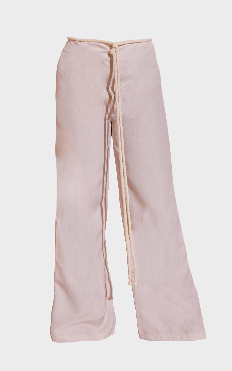 Plus Cream Linen Look Rope Detail Wide Leg Trousers image 5