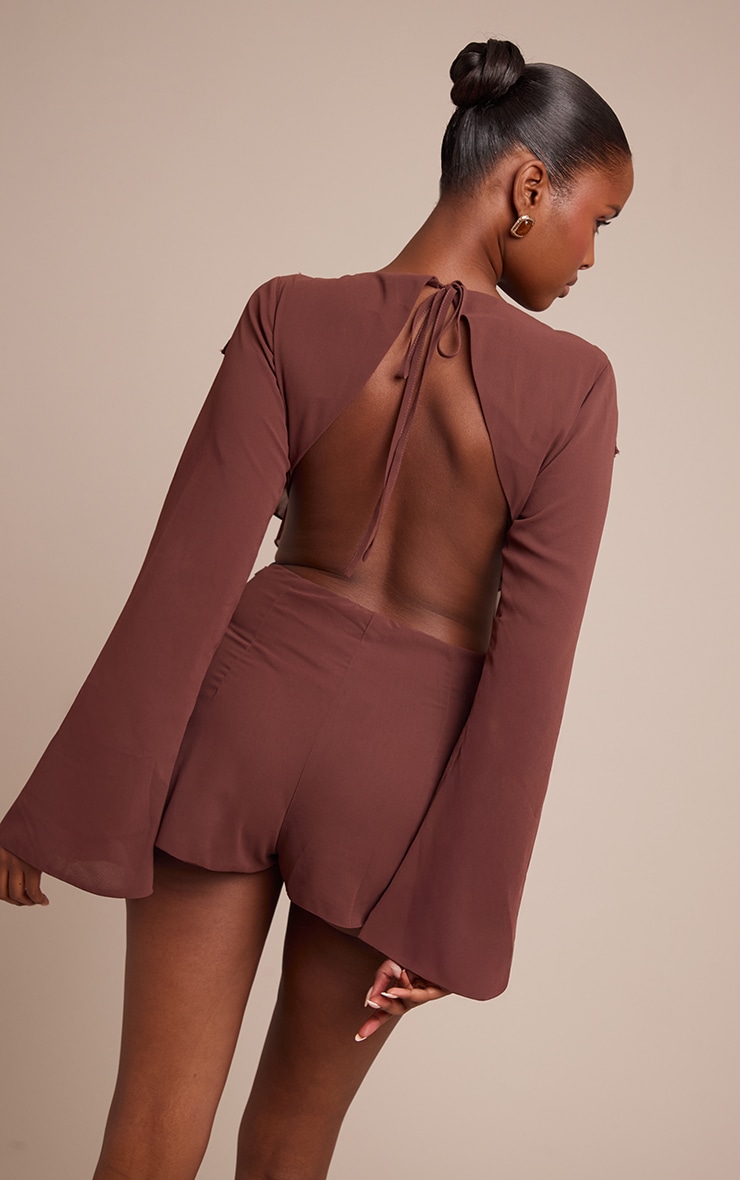 Chocolate Frill Detail V Neck Romper image 2