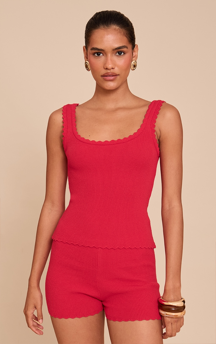Red Knitted Scallop Edge Scoop Tank Top image 3