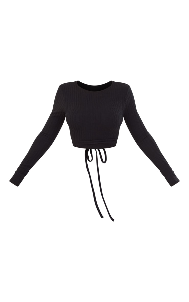 Black Textured Rib Tie Backless Crop Top image 2