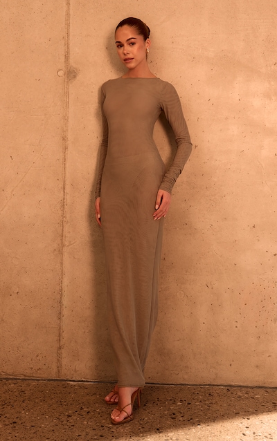 PLT Label Robe longue en mesh doublé taupe froncé à détails aux manches