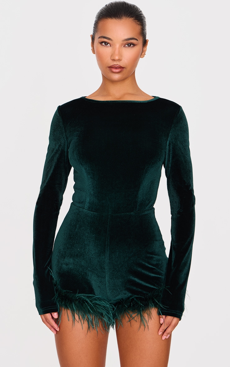 Forest Green Velvet Long Sleeve Feather Trim Playsuit image 1