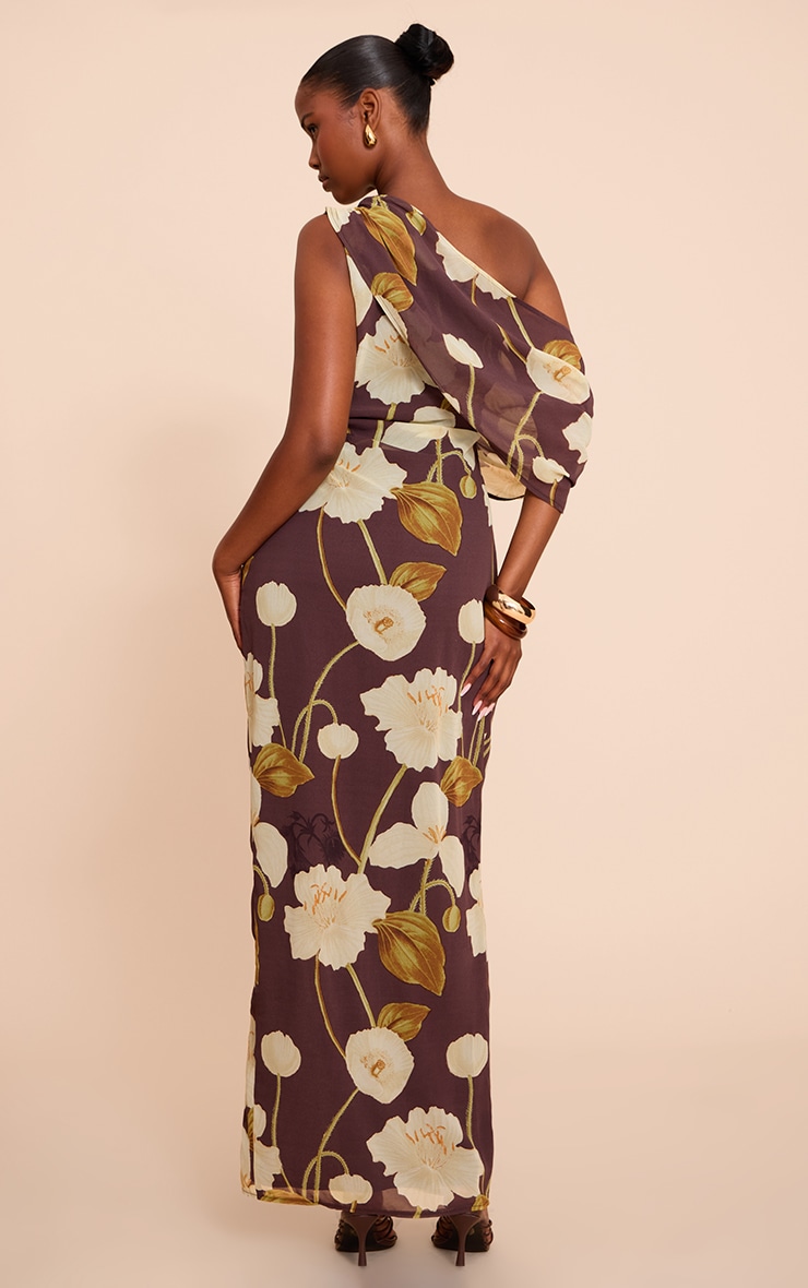Chocolate Printed Chiffon Drape Detail Maxi Dress image 2