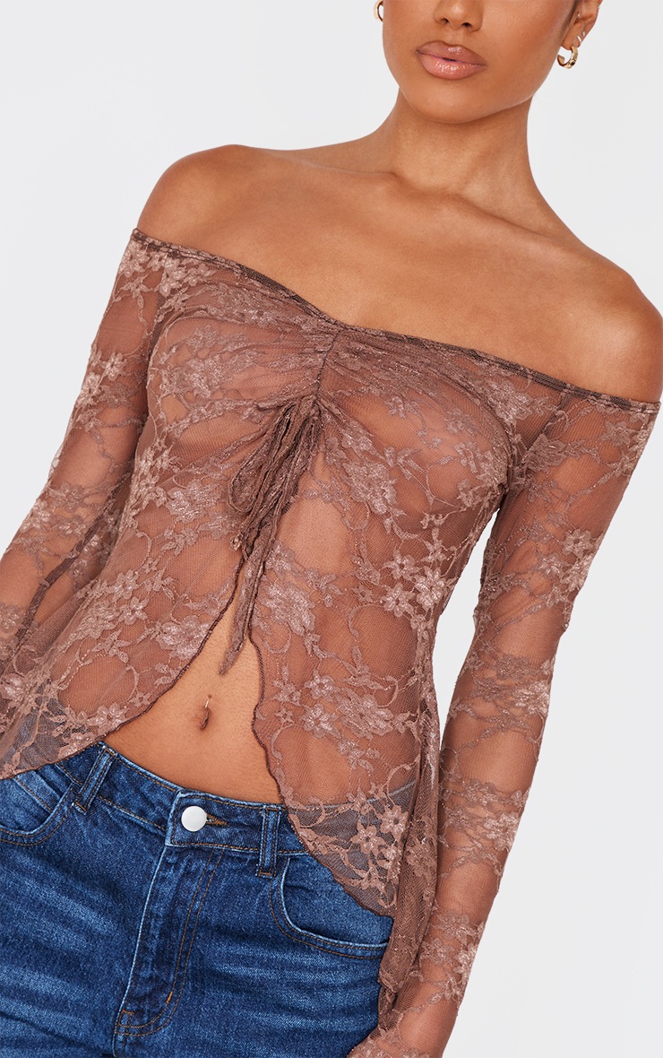 Taupe Bardot Lace Detail Flared Sleeve Long Top image 4