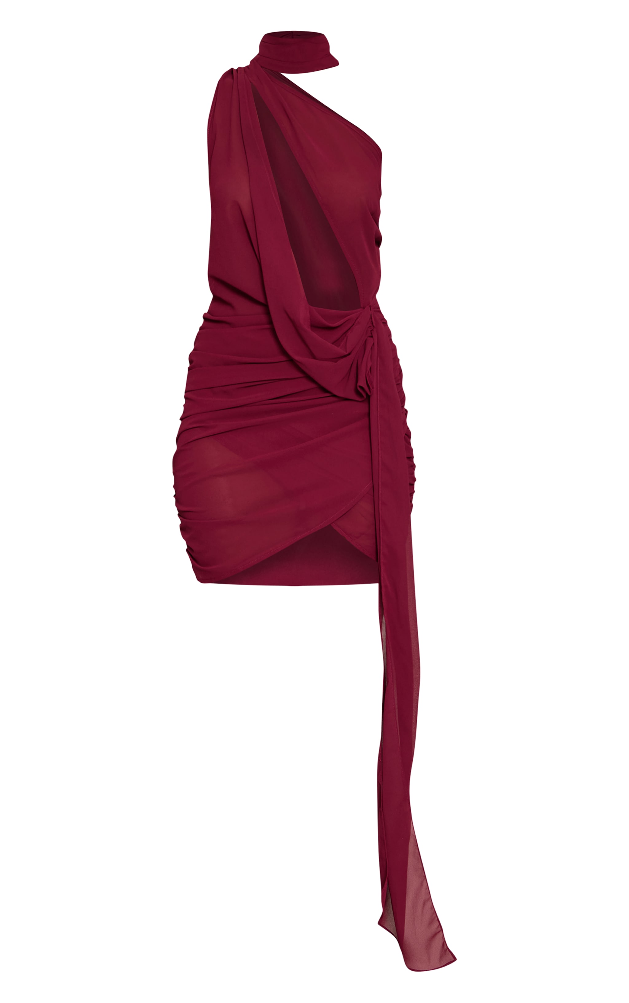 Robe moulante asymétrique drapée en mousseline de soie prune transparente à détail froncé image 5